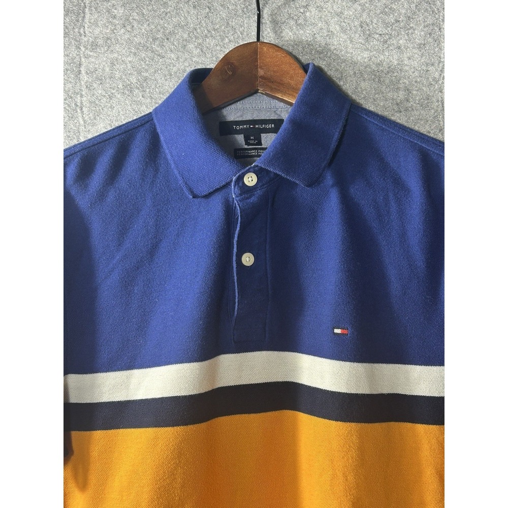 Tommy Hilfiger Performance Pique Polo Shirt Mens M Blue Yellow Colorblock Preppy